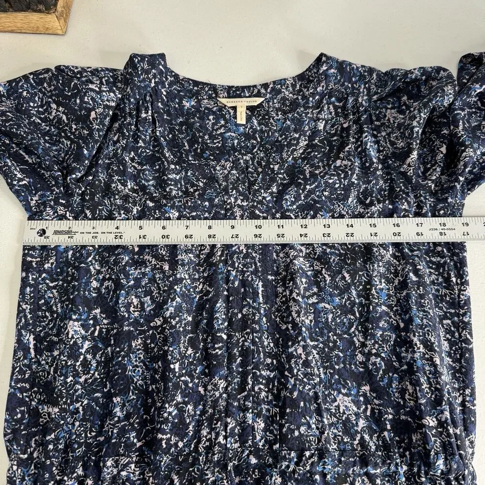 Rebecca Taylor 100% Silk Dress Womens 2 Blue Printed Cinched Tassel Puff‎ Sleeve